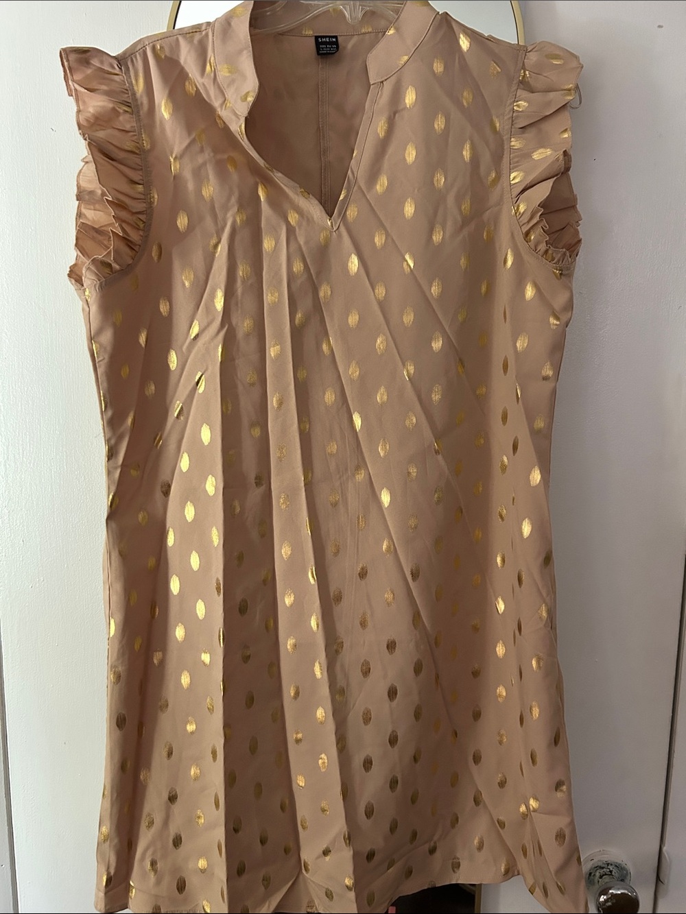 SHEIN Beige Sleeveless Mini Dress with Gold Dot Print and Ruffle Shoulders
